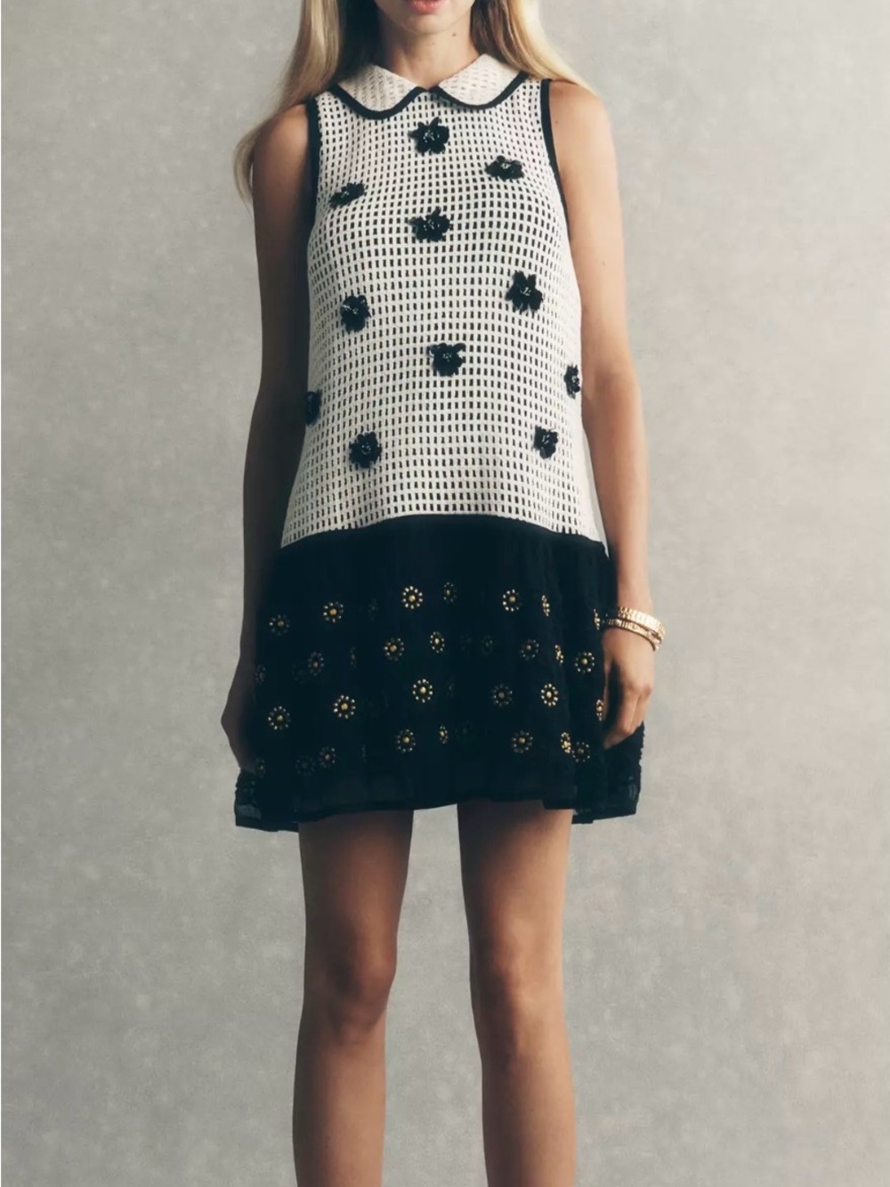 Anthropologie Black and White Sleeveless Mini Dress with Embroidered Accents